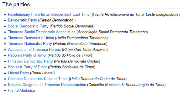 Timor Leste parties (Wikipedia)